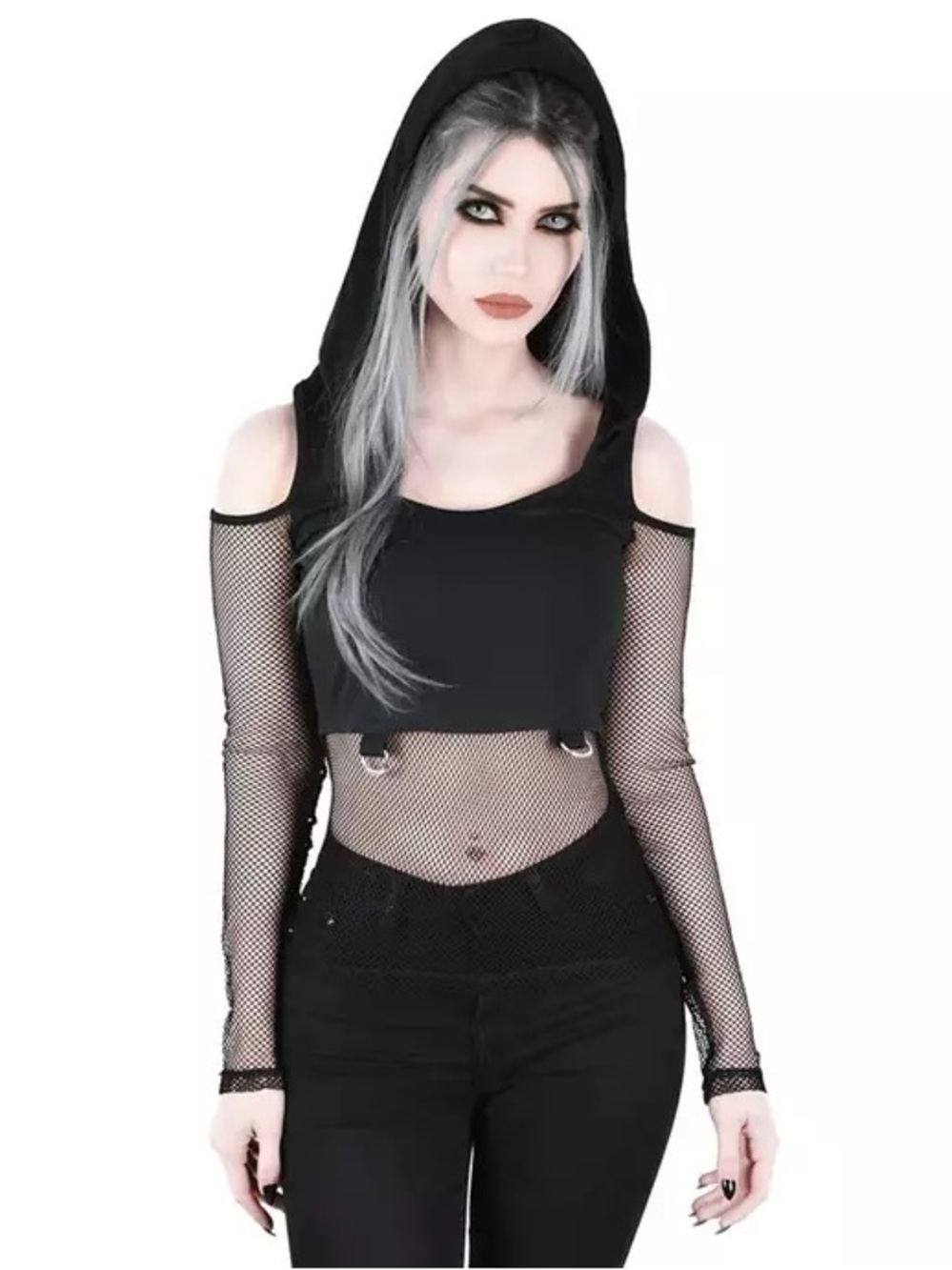 Killstar: Black Hooded Cold-Shoulder Mesh Crop Top